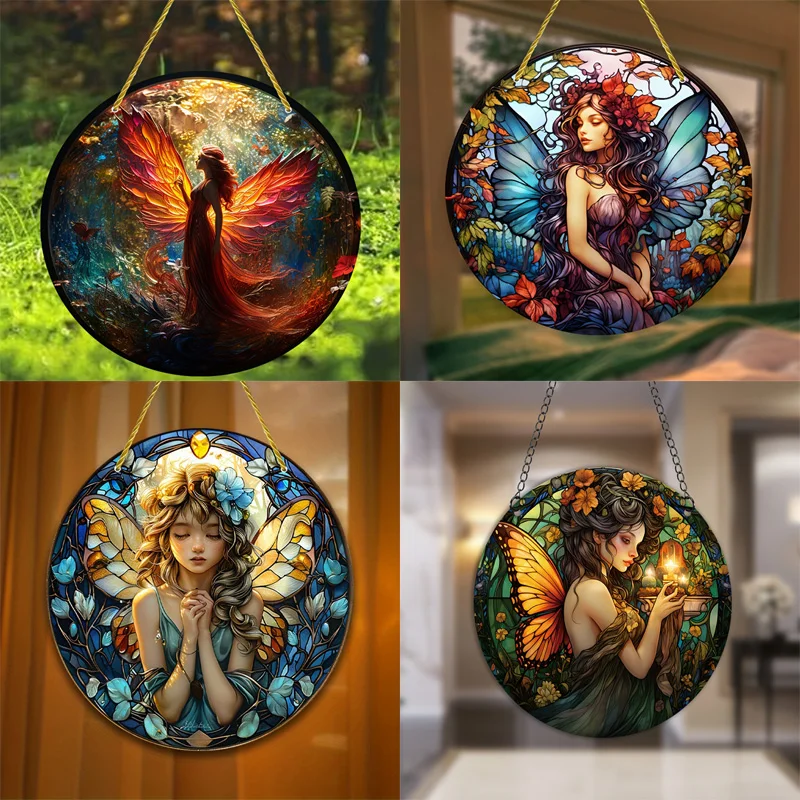 Stunning Angel Suncatchers Stained Window Hanging Round Acrylic Pendant for Home Garden Yard Wall Art Decoration Gifts Ornament