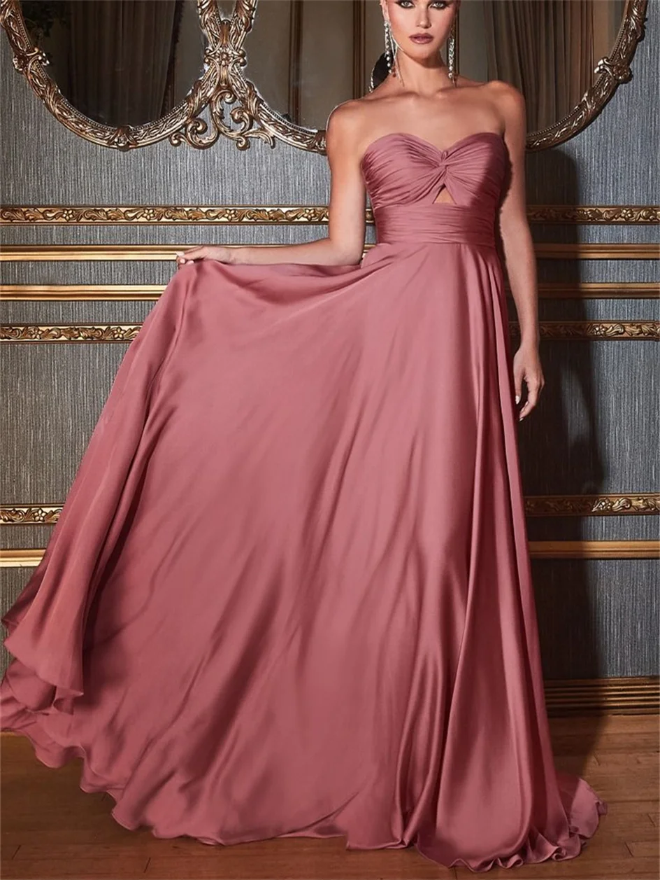 Elegant Simple A-line Satin Eveninig Dress Strapless Sleeveless Floor-Length Reunion Wedding Party Guest Ball Gowns vestido