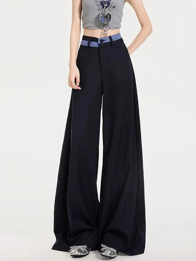 Plaid Patchwork Suit Pants Women Summer Loose Casual Office Lady Wide Leg Trouser Vintage Preppy Baggy Navy Blue Female Pants