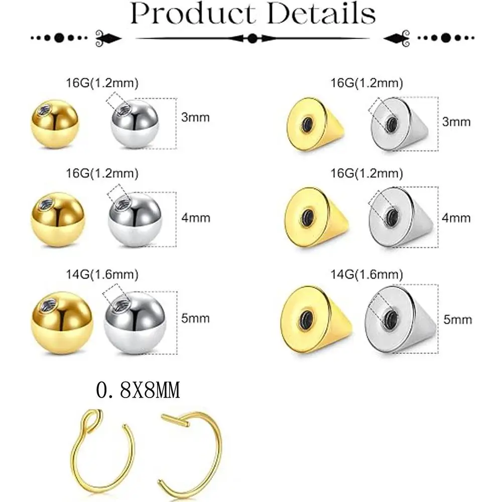 107pcs Set Fake Eyebrow Ring Fake Lip Labret Studs Replacement Balls Spike with Sticker Non Piercing Body Jewelry Fake Piercing