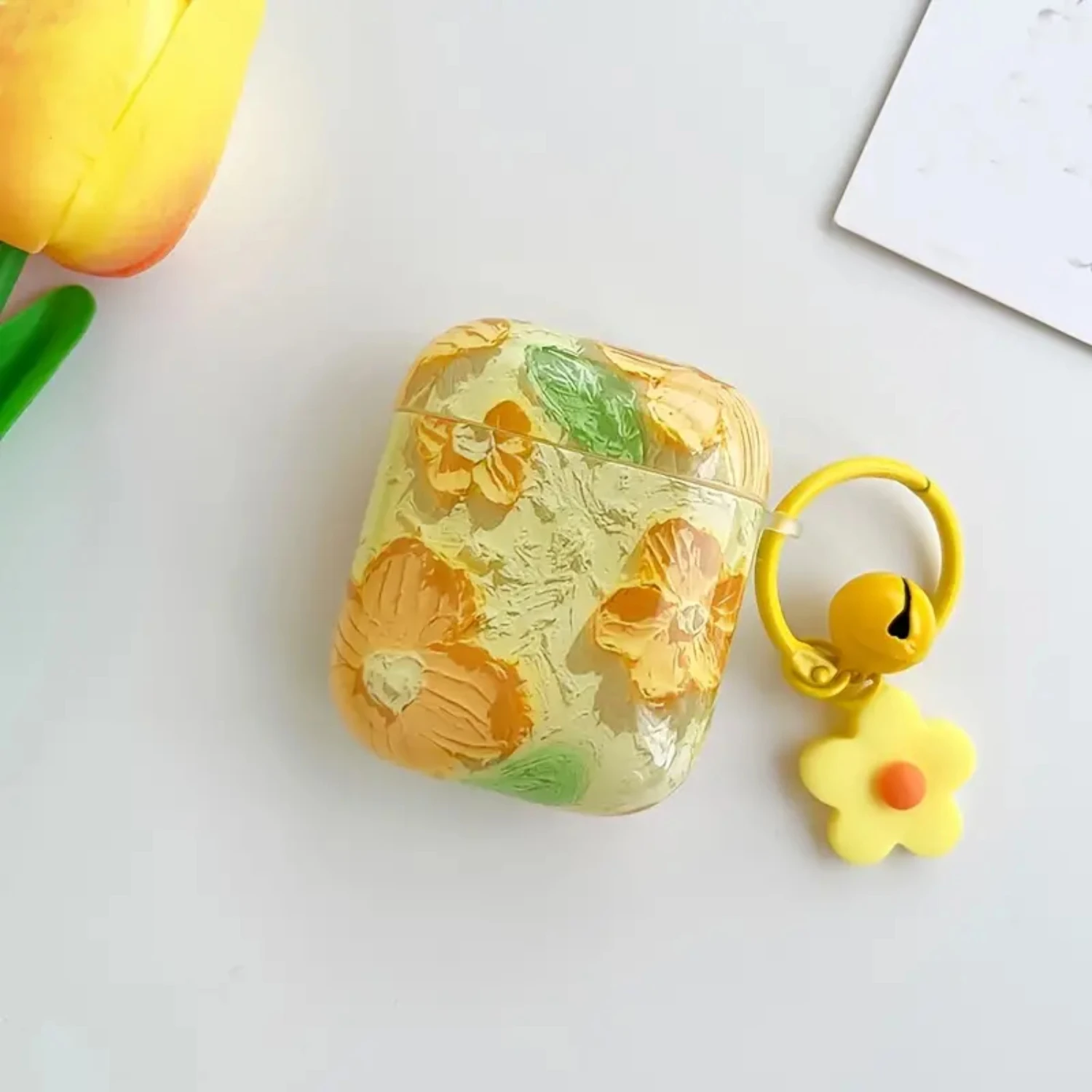 1 قطعة غطاء سماعة أذن بنمط الزيت الأصفر مع سلسلة زهور لأجهزة Airpods 1/2/3 Pro #4