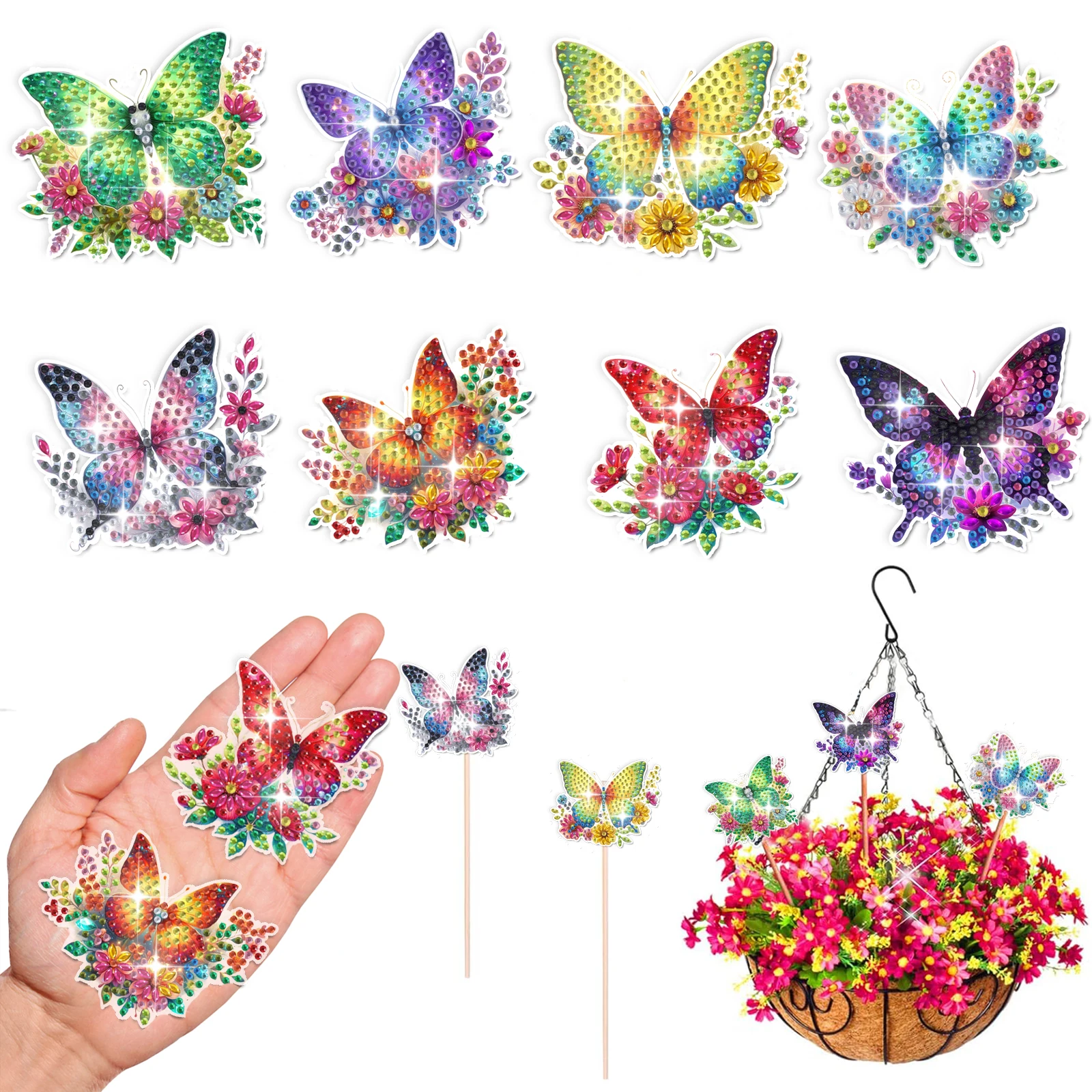 8pcs/Set Butterfly Pattern DIY Diamond Painting Flower Arrangement Decorative Stick Home Garden Pot Plants Decor Kits