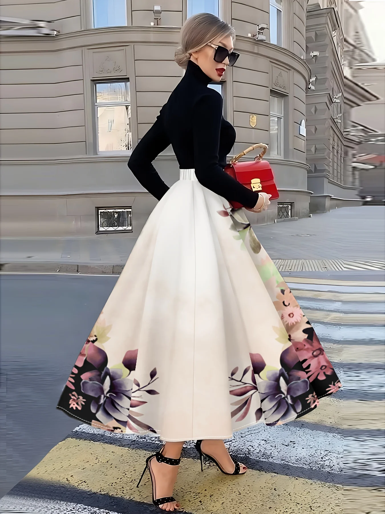 Elegant Watercolor Floral Print Midi Skirt for Women Trendy Gradient Lavender Pink Beige A-Line Pleated High Waist Summer