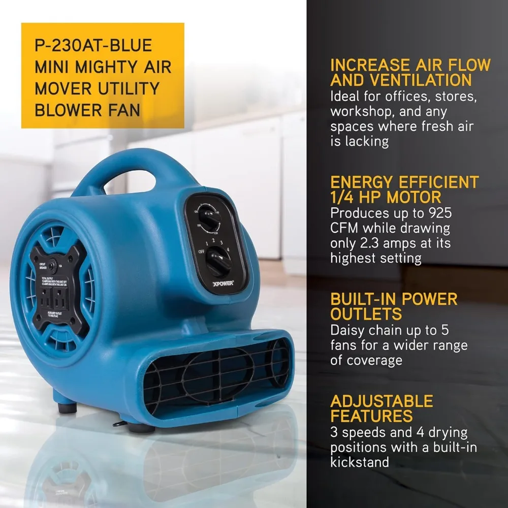 P-230AT Mini Mighty 1/4 HP 925 CFM محرك الهواء بالطرد المركزي، مجفف السجاد، مروحة الأرضية، منفاخ، قابل للتكديس، سلسلة ديزي، لسد المياه