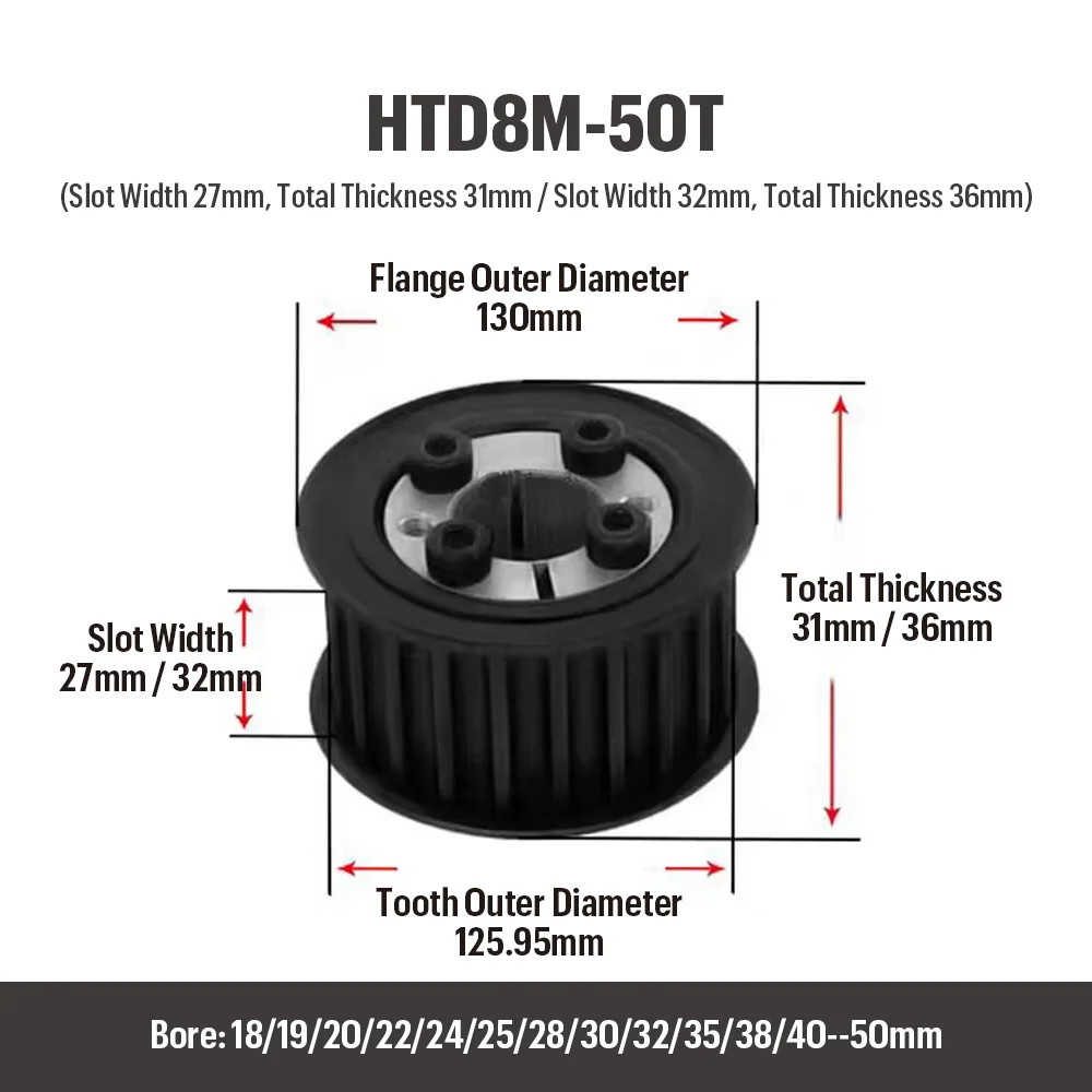 50T/60T/72T HTD8M Synchronous Wheel With Keyless Bushing Bore 18-50mm Steel Timing Pulley For Width 25/30mm Belt