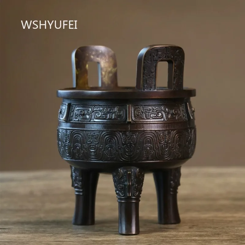 Vintage Chinese Bronze Tripod Censer Antique Style Ding Vessel with Animal Face Patterns Traditional Asian Home Decor Ornament