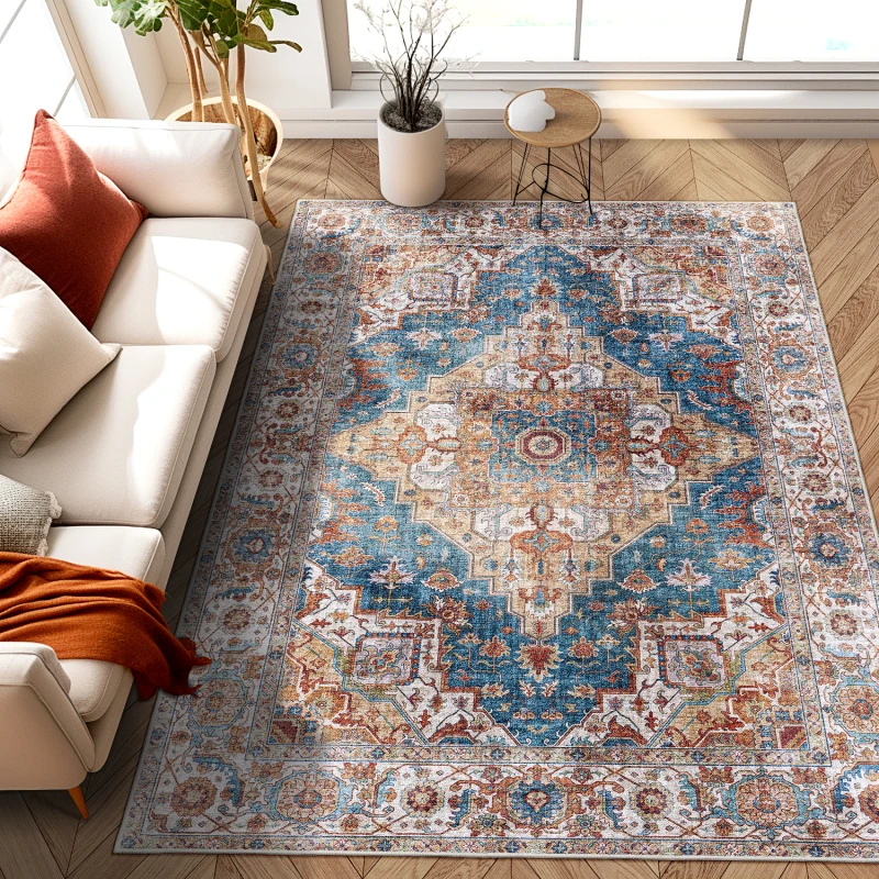 

Area Rug 5x7 Vintage Bohemia Large Persian Non-slip Washable Rug For Living Room Kitchen Bedroom Living Room Flower Design Blue/