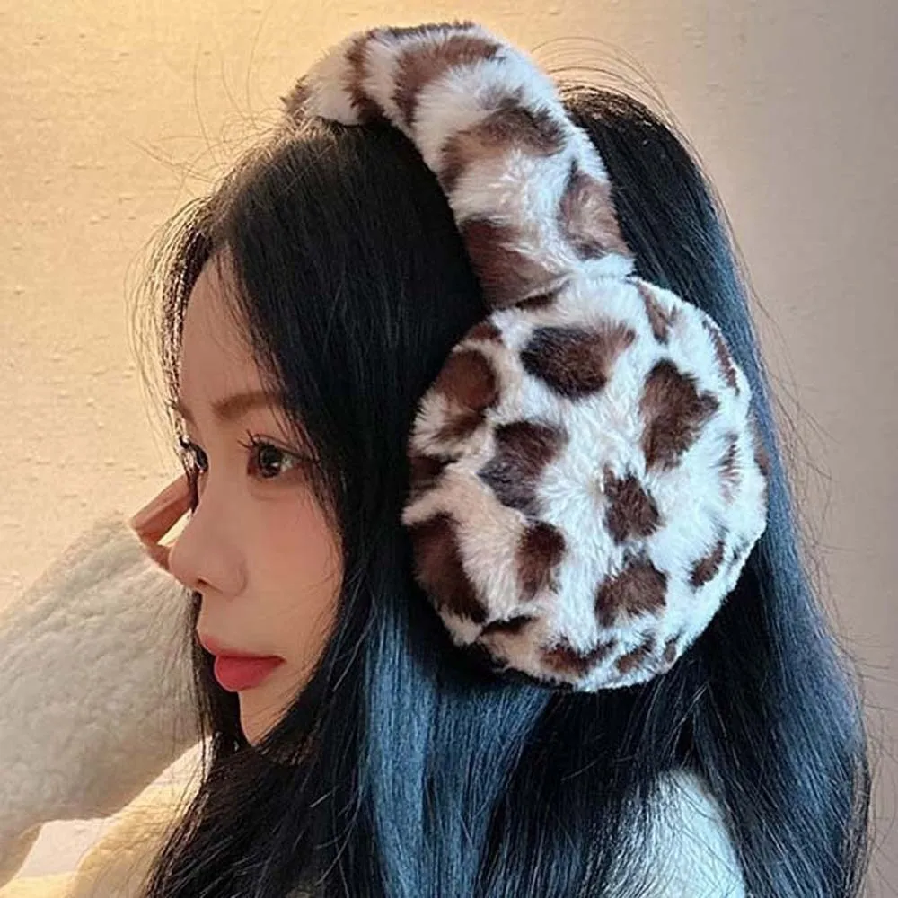 Collapsible Leopard Print Earmuffs Faux Fur Soft Plush Ear Warmers Comfortable Portable Foldable Ear Covers Students