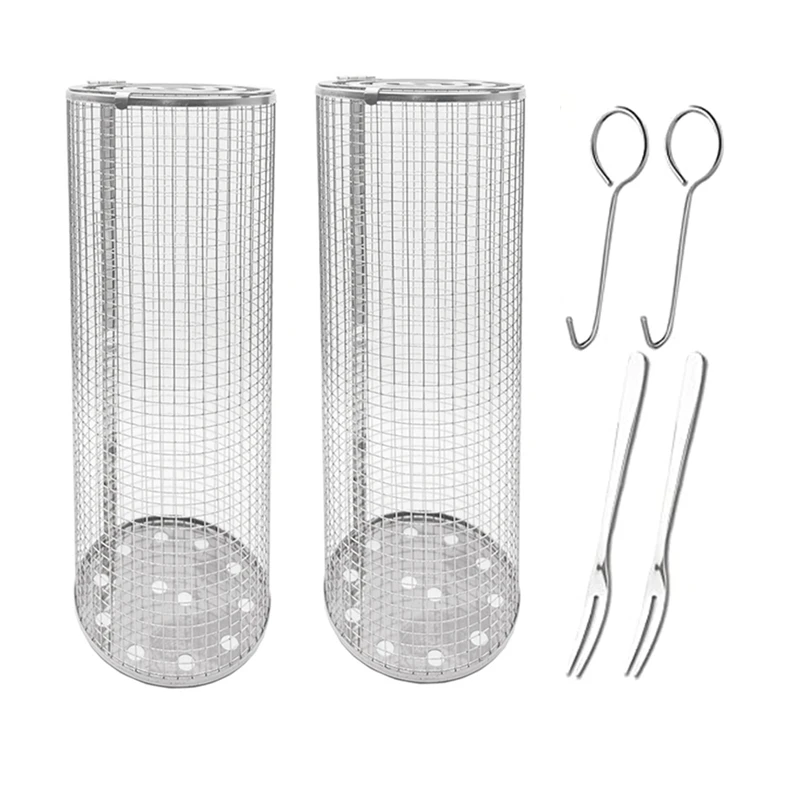 

2 Piece Stainless Steel Round Mesh Barbecue Wire Cylinder Cage Picnic For Vegetables, Meats, Or Instant Meals