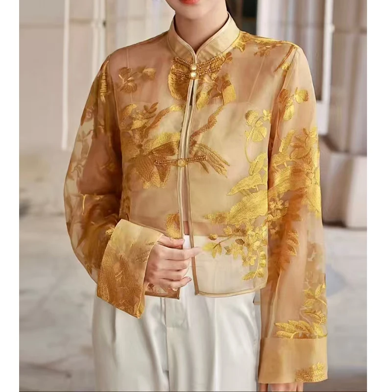 

Summer New Stand Collar Silk Organza Fabric Embroidered Handmade Buttons + Side Tassel Design High-End Women's Jacket S-XL