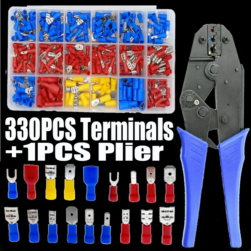 330Pcs Spade Terminals +1pcs Terminal Crimping Pliers Insulated Cable Connector Electrical Wire Crimp Butt Ring Fork Tools Kit