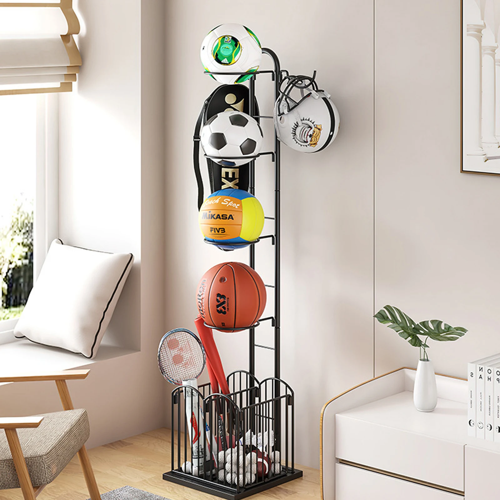 4-Tier Rolling Metal Ball Storage Shelf Equipment Ball Footballs Basketballs Storage Rack Freestanding Sports Gear Stand Holder