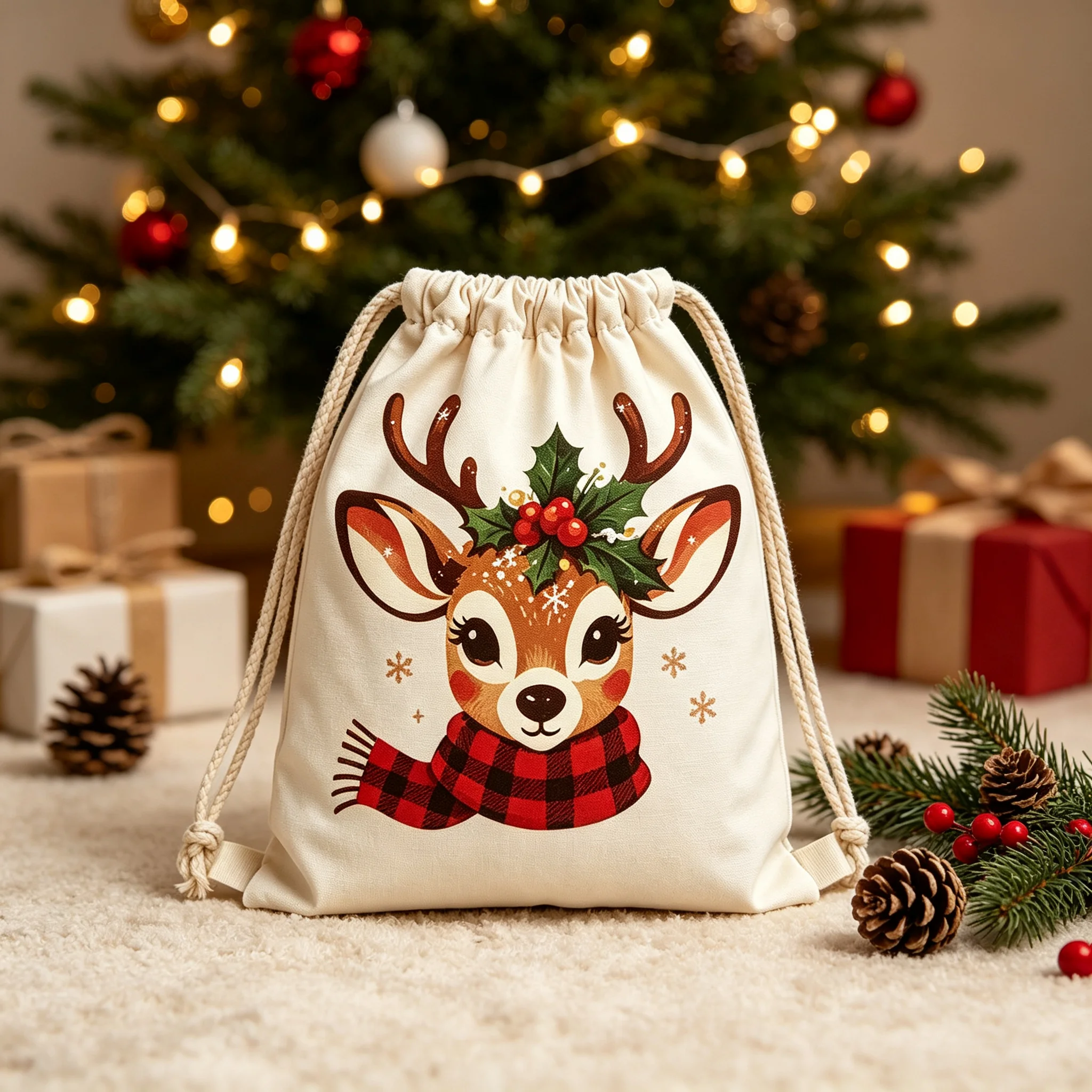 Cute Christmas Reindeer Drawstring Gift Bag Deer Print Sack Holiday Treat Pouch Xmas Party Favor Storage Bag For Christmas Gift