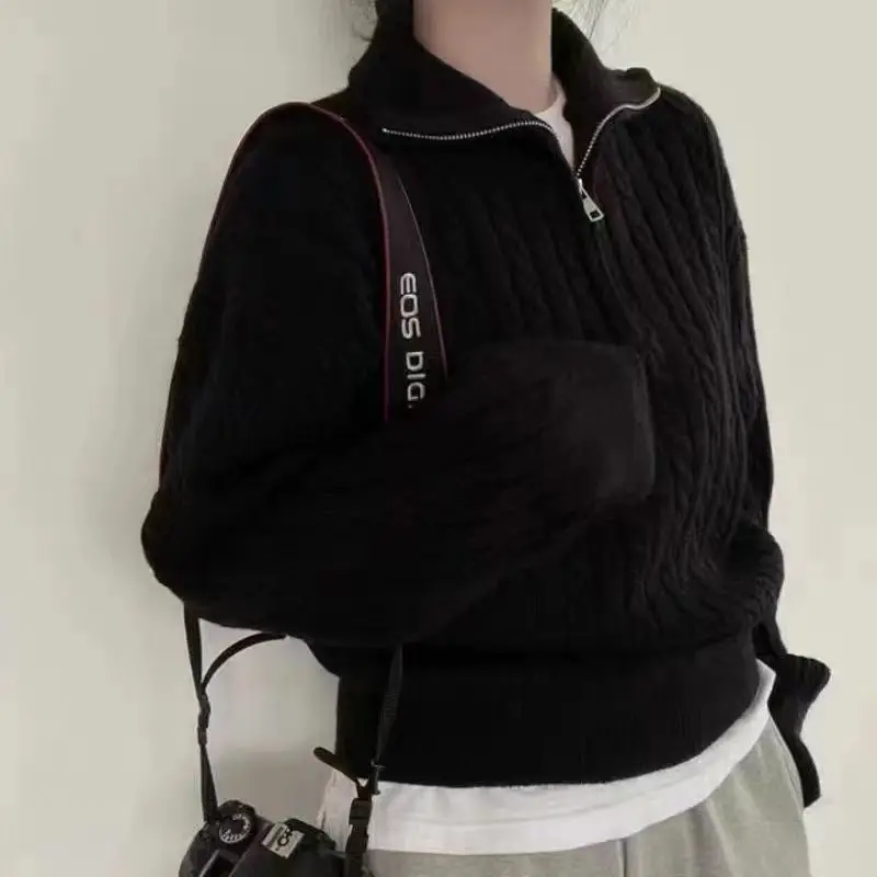 Autumn Winter South Korea Thick Knitted Top Women's Vintage Fried Dough Twists Half Zipper Lazy Versatile Short Pullover Sweater