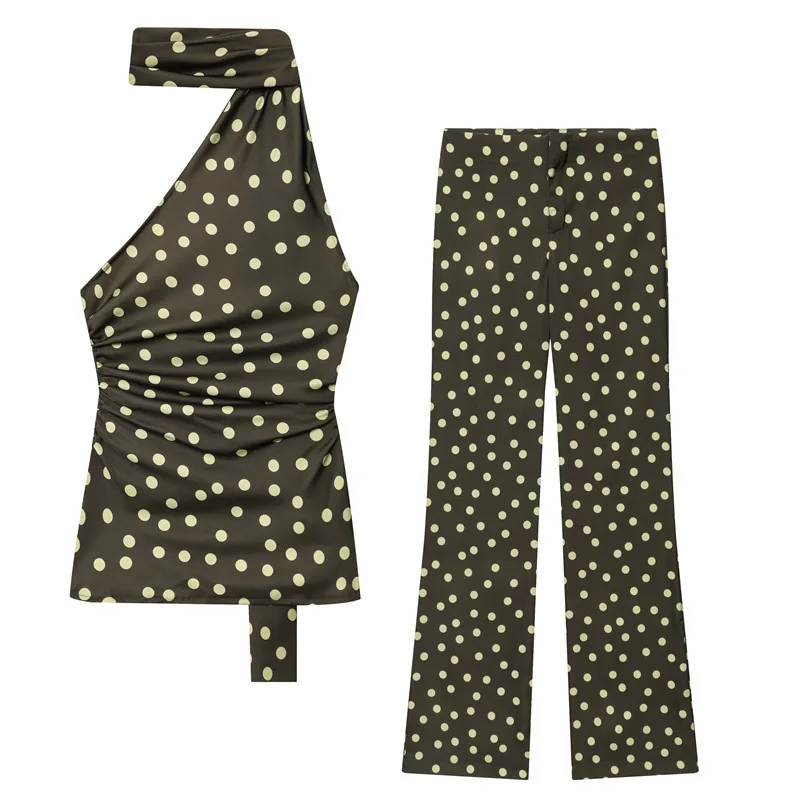 

Асимметричный топ в горошек, повседневные брюки, комплект из двух предметов