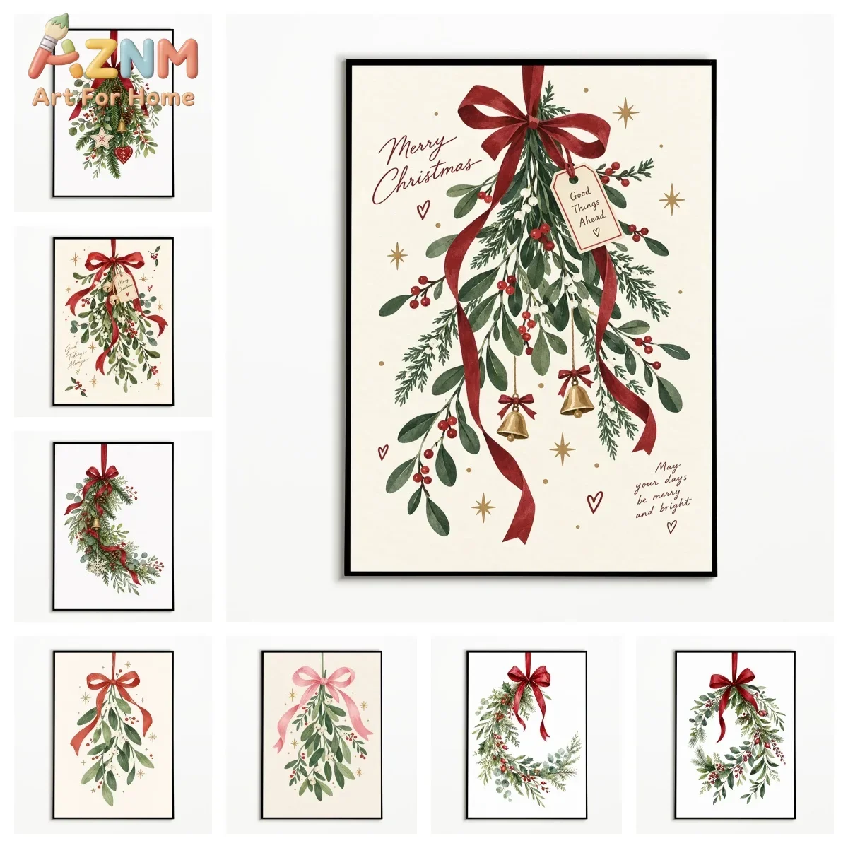 AZNM Merry Christmas Green Foliage Red Bow Bell Canvas Wall Art Winter Holiday Watercolor Botanical Print Painting for Xmas Home