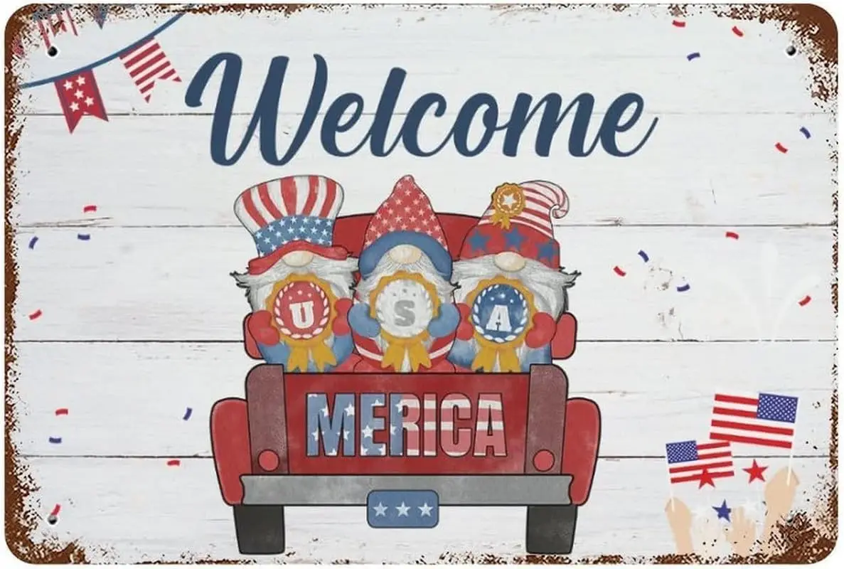 Gnomes Truck Fireworks 4Th Of July Welcome Metal Signs American Flag Patriotic Retro Metal Tin Sign Vintage Aluminum Sign Home S