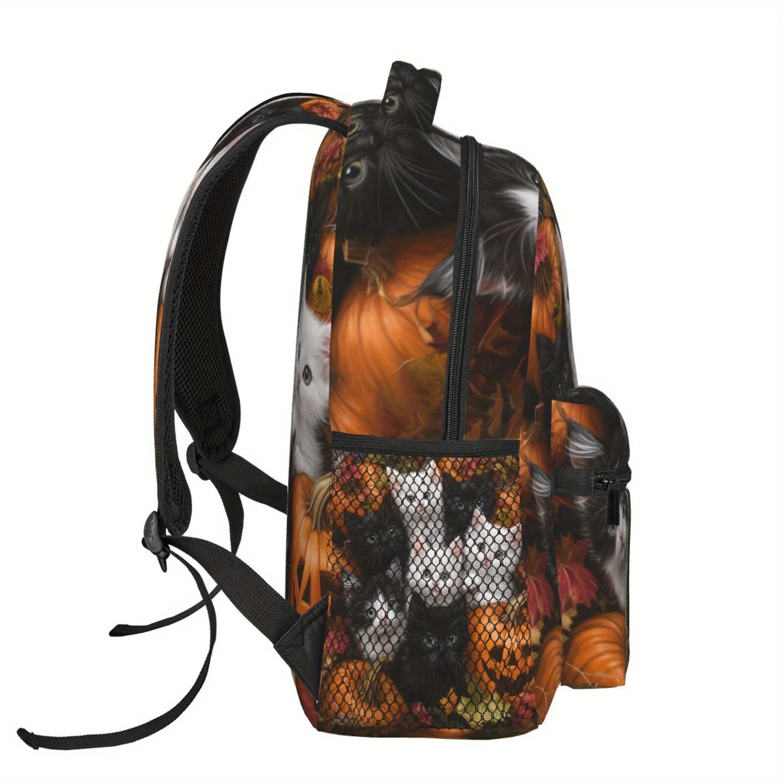 Halloween Cat Pumpkin Backpack Cute Halloween-Themed Design with Adorable Kittens and Autumn Leaves Spacious Laptop