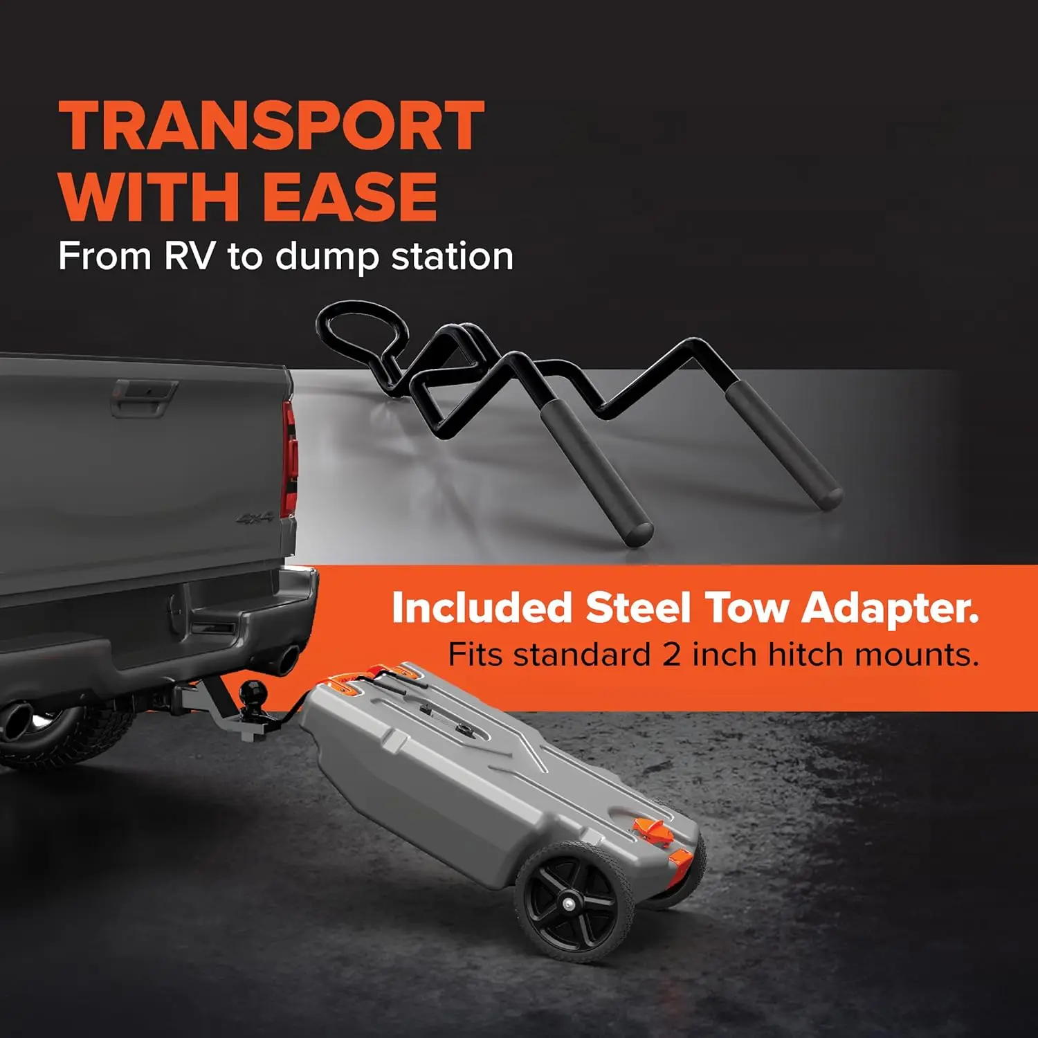 خزان حمل RV سعة 28 جالون - يتميز بعجلات مسطحة غير مسطحة شديدة التحمل وصمام بوابة مدمج - محول سحب فولاذي قابل للإزالة، خرطوم مجاري 3 بوصات