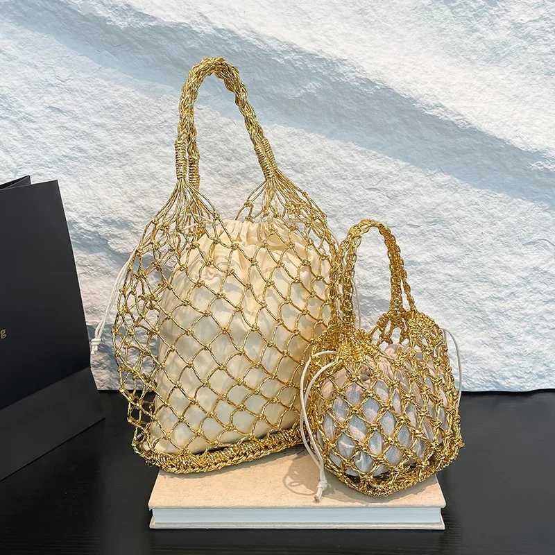 

Summer Beach Bag For Women Mesh Rope Knitted Bucket Shoulder Bags Reticulate Hollow Travel Shopper Totes Ladies Fashion Handbag