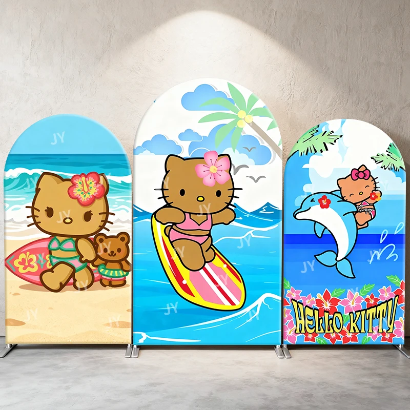 

Hello Kitty Arch Backdrop Cover Beach SurfingCute Tropical Cartoon Style Birthday & Baby Shower Party Photo Booth Decor Props