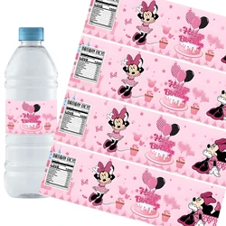 Disney-etiqueta de botella de agua de Minnie para niños y niñas, pegatinas impermeables para Decoración de cumpleaños, suministros de fiesta de Baby Shower, 10/50 unidades