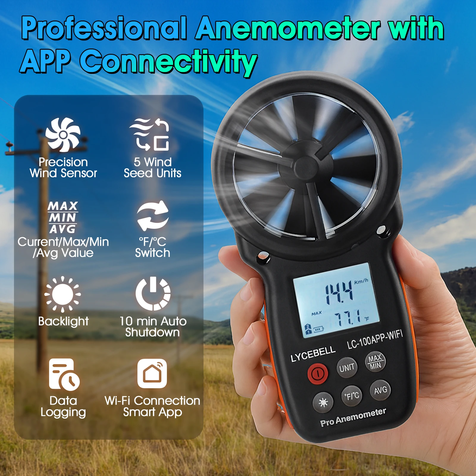 

Wireless Anemometer - Digital Wind Speed Gauges with WiFi Connectivity & APP Operation, and Max/Min/Average Values,Airflow Meter