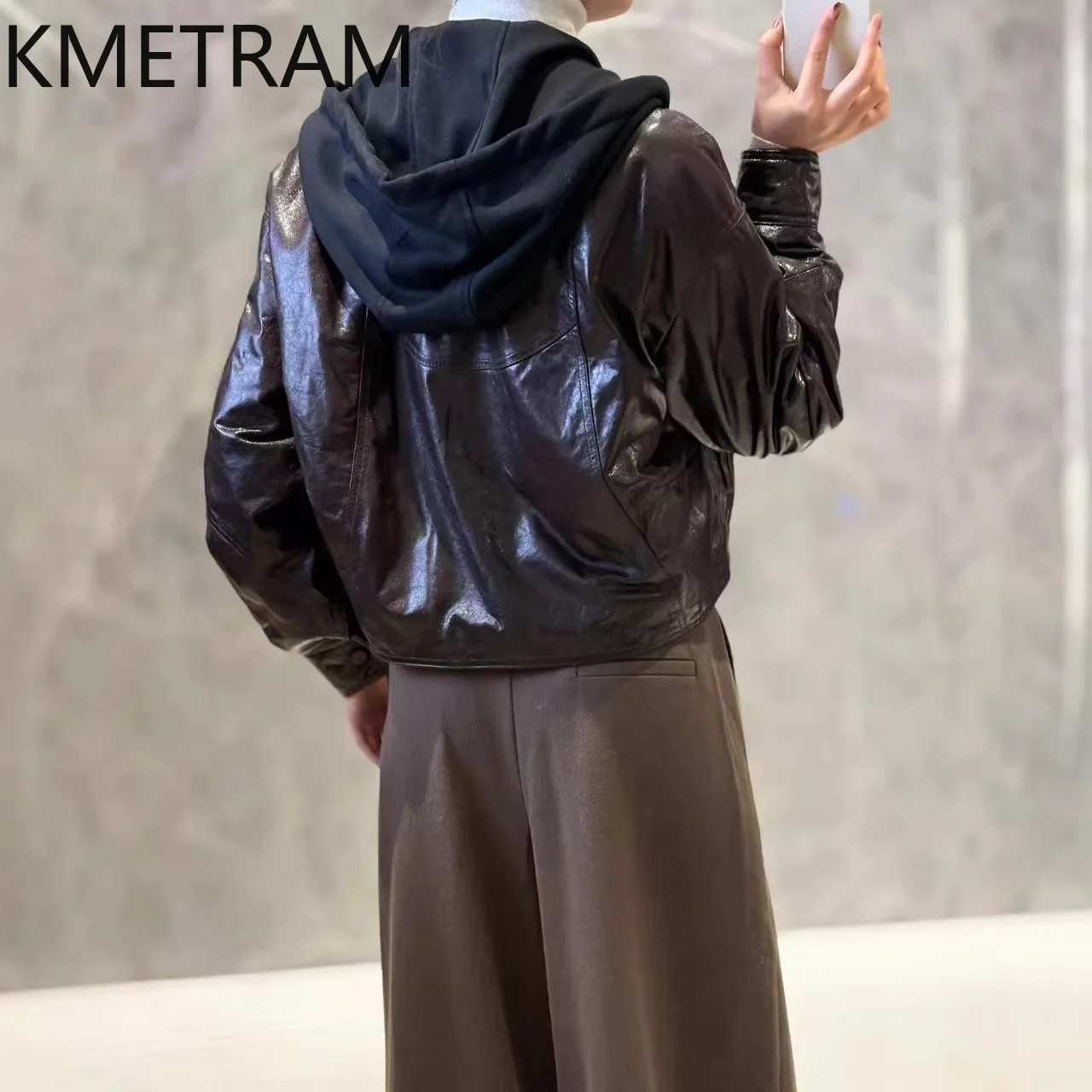 KMETRAM Genuine Sheepskin Leather Jacket Woman Hooded Korean Style Coat Short Motorcycle Jackets 2026 Autumn Women Clothing 가죽자켓
