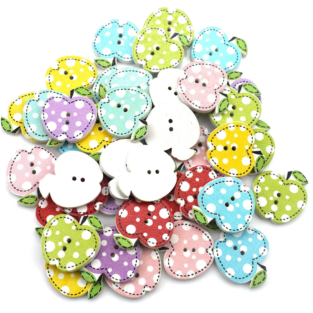 50PC 20MM Mixed Apples Pattern Wooden Buttons for Clothes Crafts Sewing Decorative Needlework Scrapbooking DIY Accessories