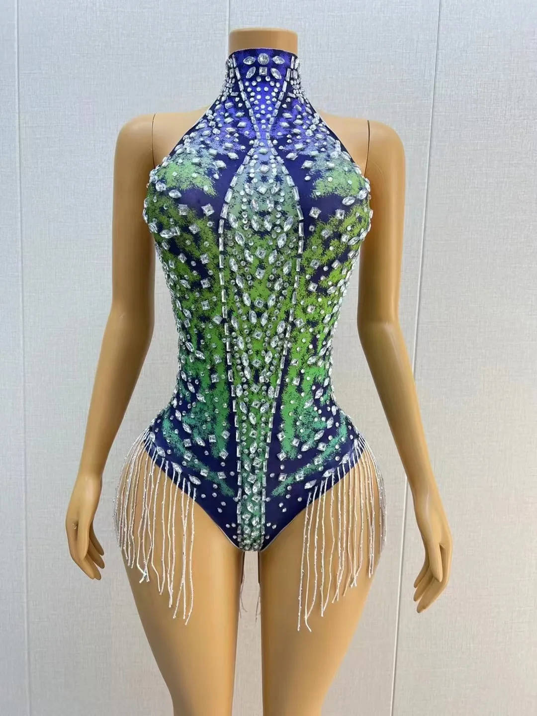 Sexy Stage Blue Green Silver Rhinestones Fringes Sleeveless Stretch Tassels Bodysuit Birthday Celebrate Party Photoshoot Costume