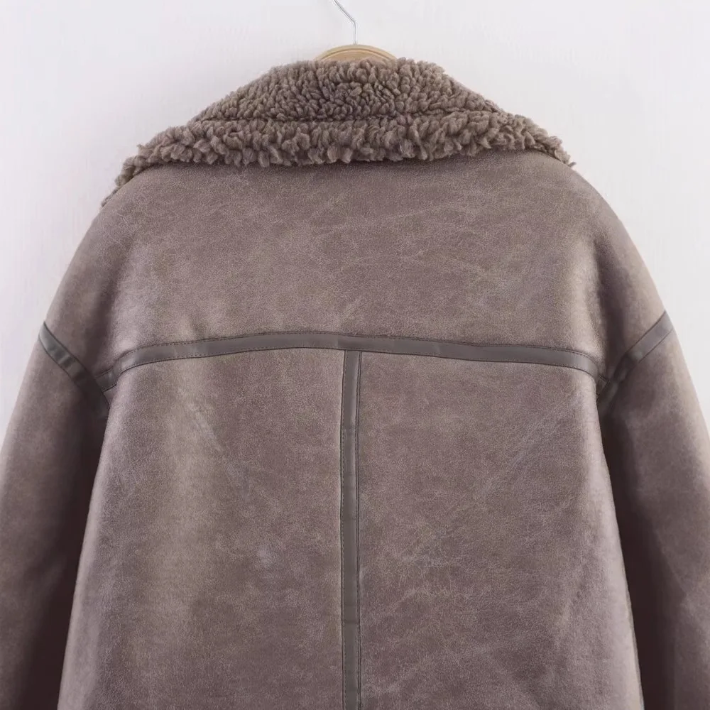 سترة نسائية عصرية من الجلد والفراء على الوجهين معطف شتوي بياقة واقفة وتصميم متكامل على الطراز الأوروبي الأنيق #3