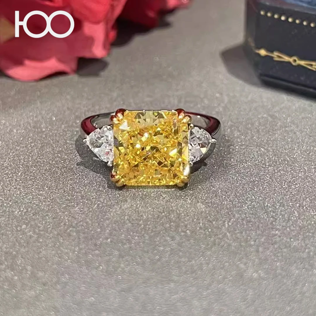 

CH39 Ice flower cut color treasure ring s925 pure silver 5-carat cultivated high carbon diamond luxury yellow diamond ring