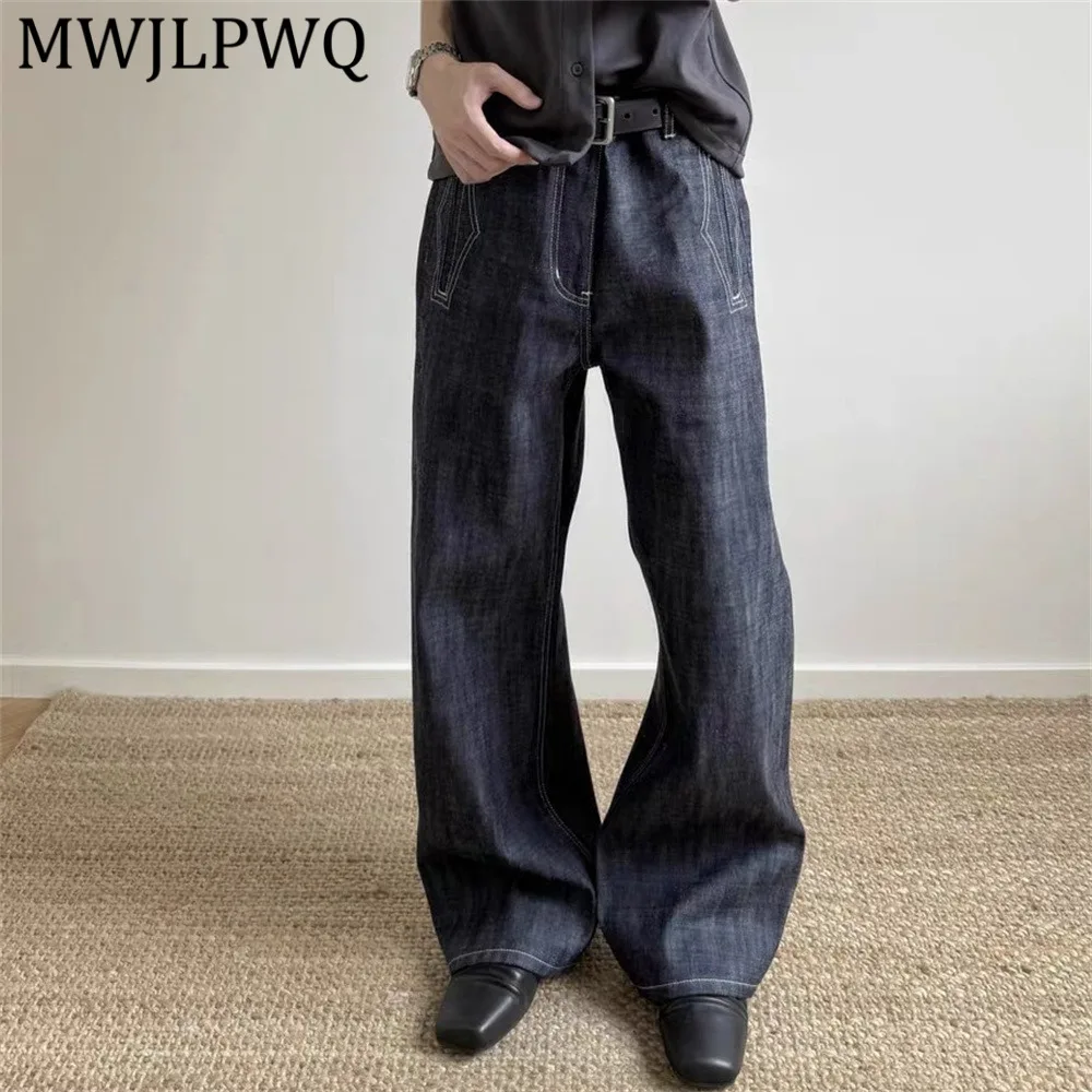 

MWJLPWQ American High Street Denim Flared Jeans Men Casual Trendy Design Stitching Pockets Unique Workwear Loose Fit Pants 14930