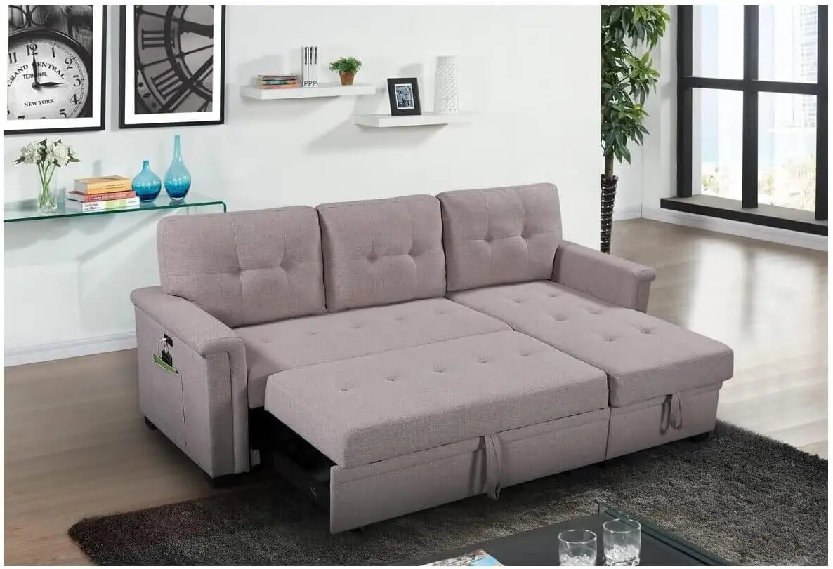 Ashlyn Sofá seccional reversible gris claro con chaise de almacenamiento, puertos de carga USB y bolsillo