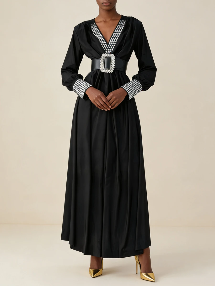 VGH Slimming Spliced Belt Casual Dresses For Women V Neck Long Sleeve High Waist Autumn Elegant Draped Dress Female Fashion New