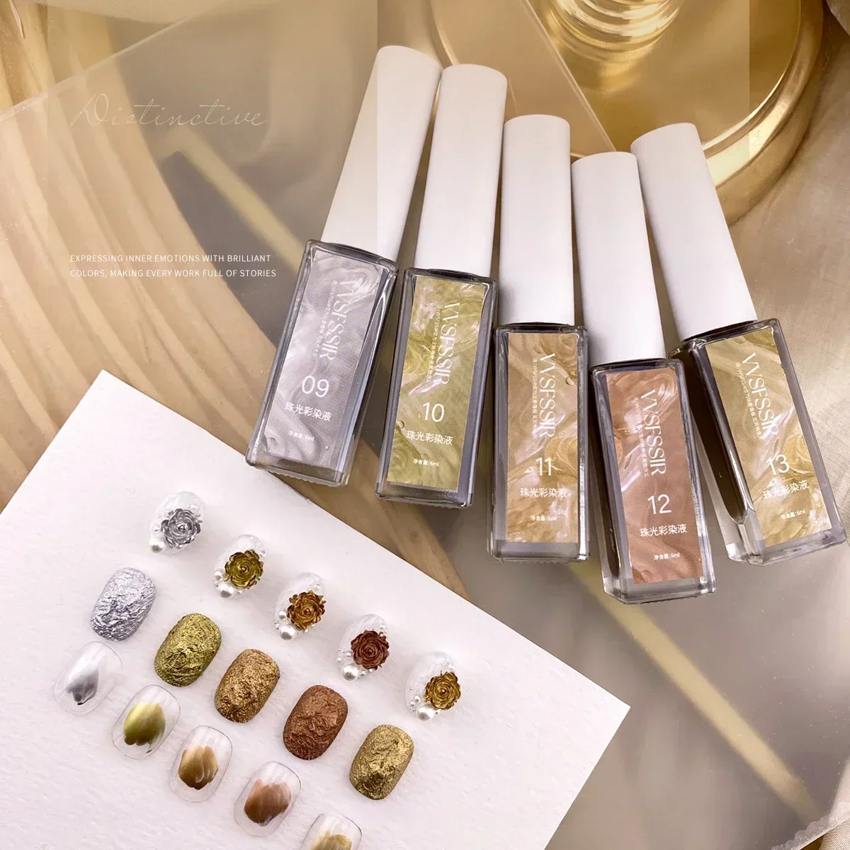 

5Colors/set Golden Silver 6ml Metal Blooming Nail Polish Air Dry Watercolor Marble Gel Nail Liquid Smoke Bubble Painting Ink