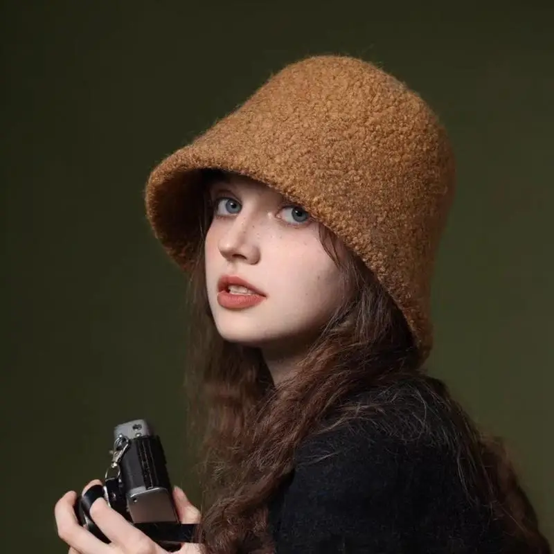 

Lamb Wool Bucket Hat Classic Simple Warm Wool Lamb Fishmen Caps Fashionable Dome Hats For Women Autumn Winter Panama Cap
