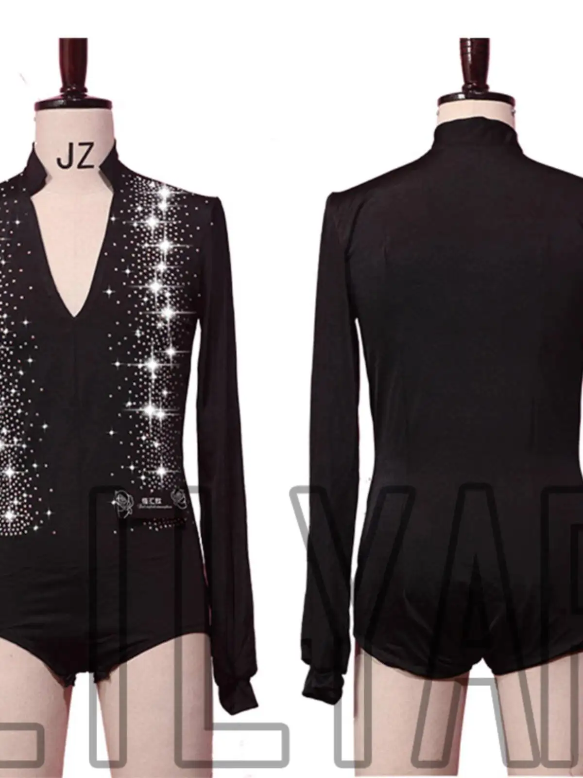 

Latin Dance Wear Men's Tops Shirt T-shirt Competition Wear Performance Wear Black V-neck Long Sleeve Rhinestone Rumba Shiny