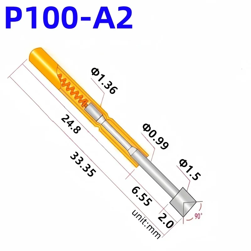 20/100PCS 80g P100-A2 Spring Test Probe P100-A Test Pin PCB Test Tool 33.35mm 1.36mm Nickel Plating Head 1.5mm Needle Pogo Pin