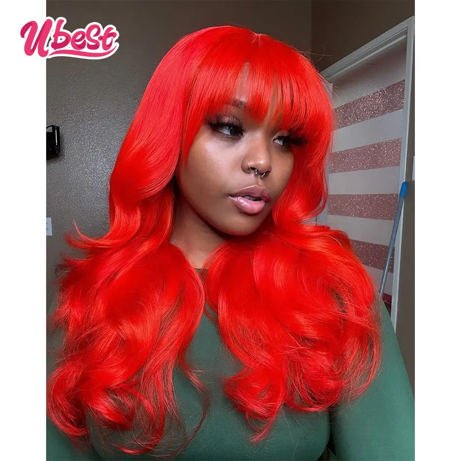 Red 613 Colored 13X6 Bangs Body Wave Transparent Lace Front Wigs 100% Human Hair 180% Density Brazilian Hair Remy Hair Wigs