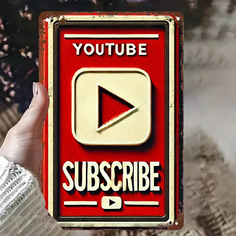 2D Flat, 1pc YouTube Subscription Button Logo Metal Sign - Vintage Red & YouTube Branding Wall Decor with Pre-Drilled Holes, R
