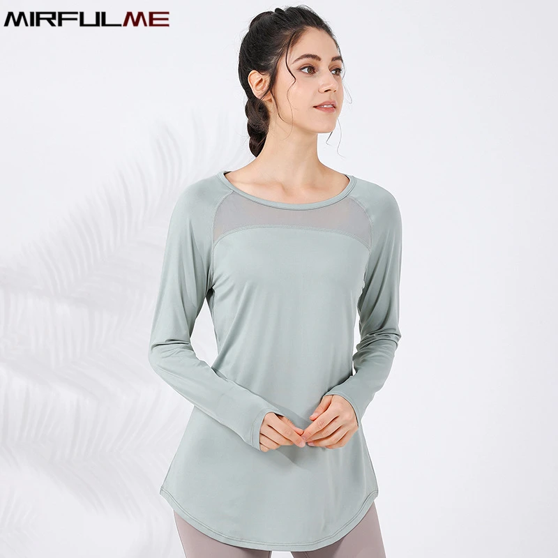 Women Loose Yoga Shirts Long Sleeves T-Shirts Mesh Breathable Sport Running Sweatshirts Covering Buttock Gym Fitness Tops Blouse