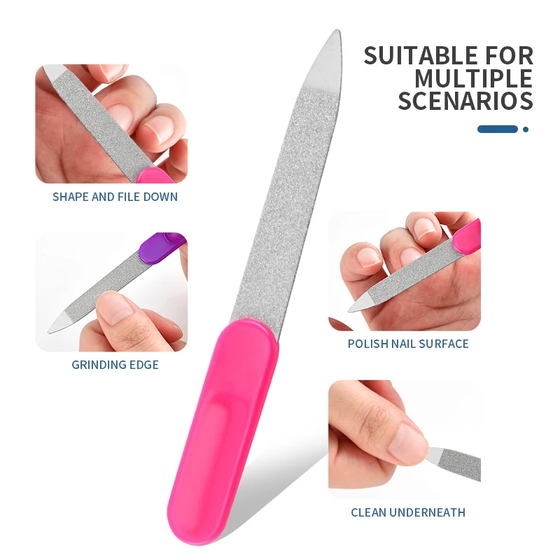 Lima per unghie in acciaio multicolore fronte-retro per unghie, unghie dei piedi, raschiatura, rinforzante, manicure per dita in metallo