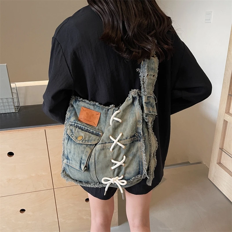 

Washed Denim Shoulder Bag For Women Large Capacity Soft Jeans Messenger Tote Handbag For Shopping And Travel