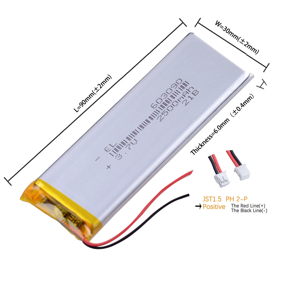 JST1.5mm 2ピン 3.7V 303090 403090 503090 603090 703090 903090 902990 3000mAh 充電式リチウムイオンポリマー電池