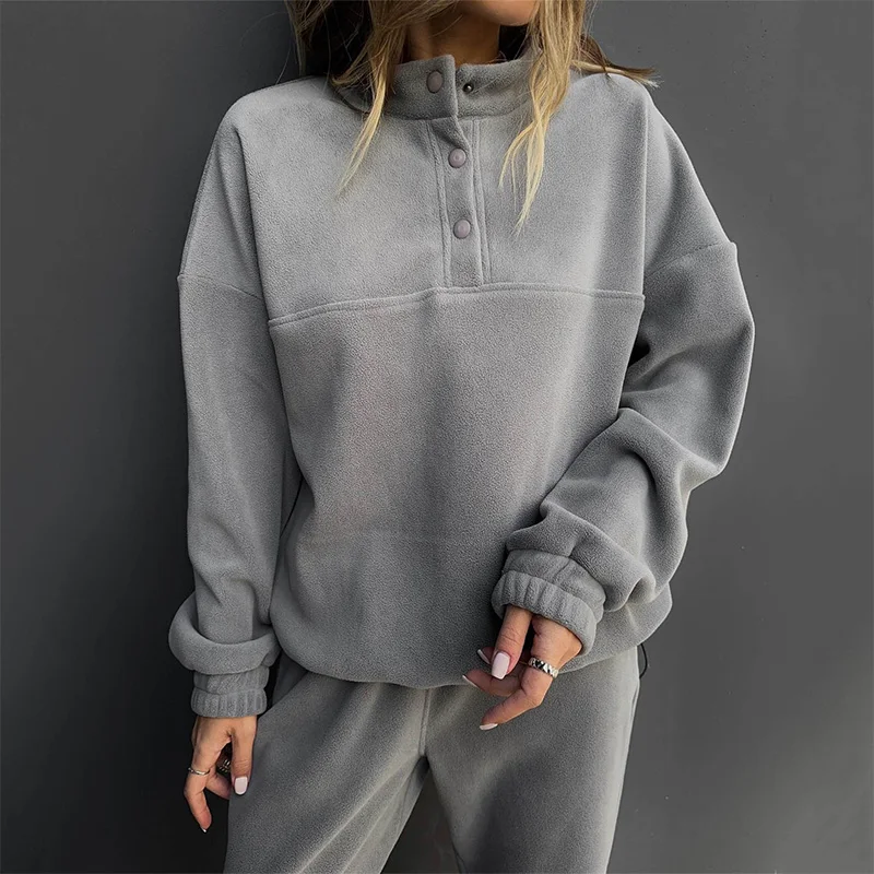 High Neck Fleece Sweatshirts Outwears Clothes Women Pullovers Ladies Outfits Winter Clothing Long Sleeve Top 2 Piece Pants Set