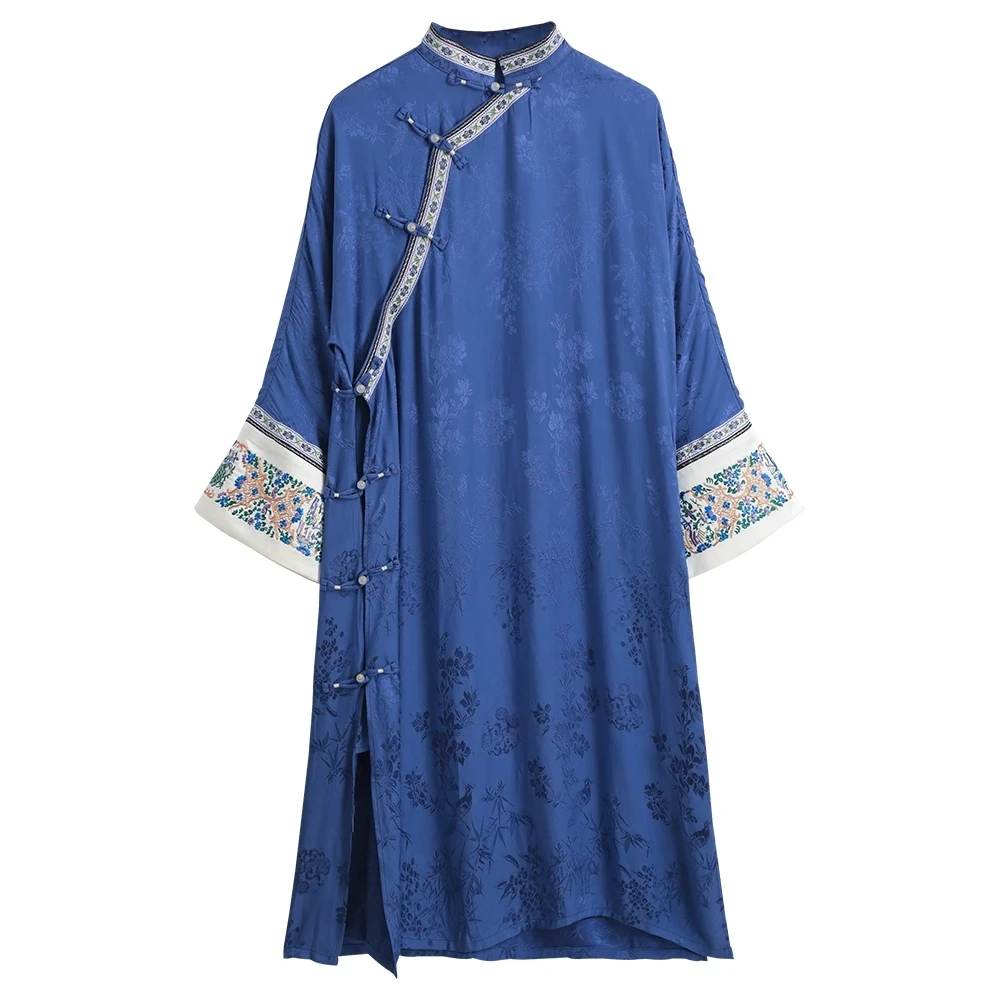 Lzjn vestido longo estilo chinês de seda-algodão para primavera e outono com bordado palácio solto e elegante para camadas 2025