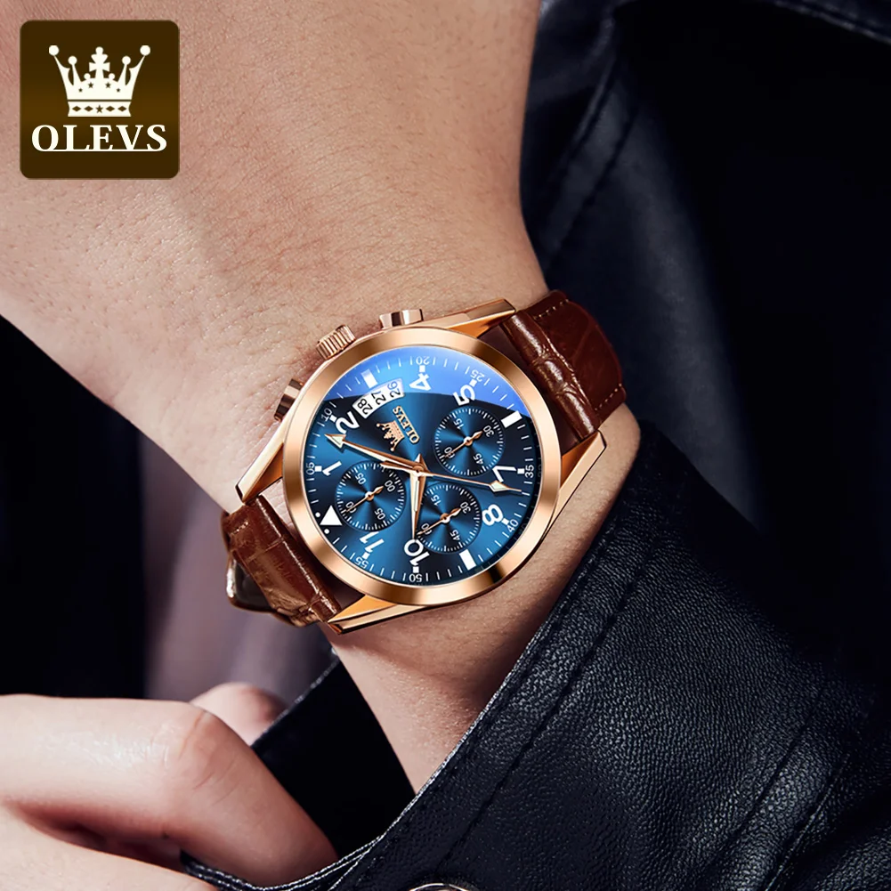 OLEVS 2878 Luxury Brand Quartz Men\'s Watch Business Multi functional Luminous Waterproof Leather Strap Casual Sports Men\'s Watch