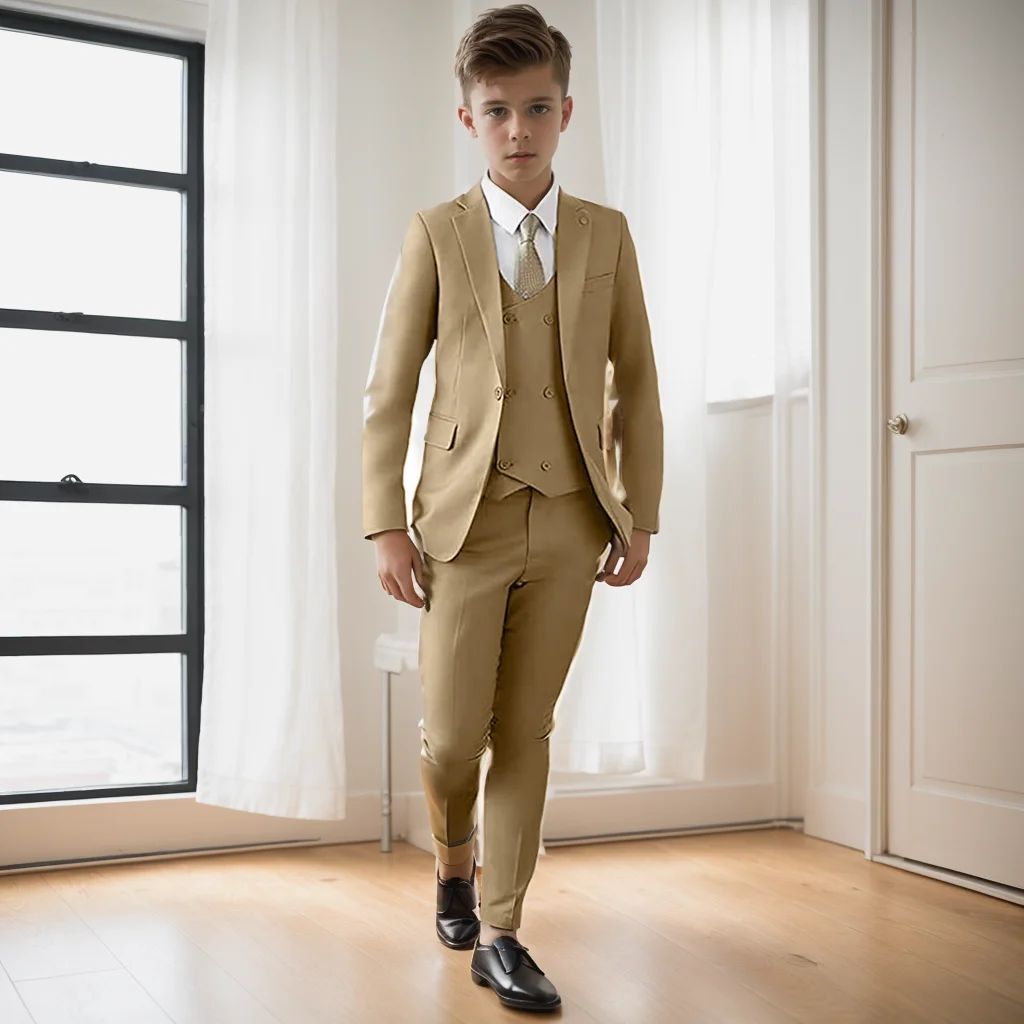 Beige Suit For Boys Peaked Lapel Wedding Tuxedo Kids Blazer Child Set Formal Party Jacket Pants Vest 3 Piece 2-16 Years Old