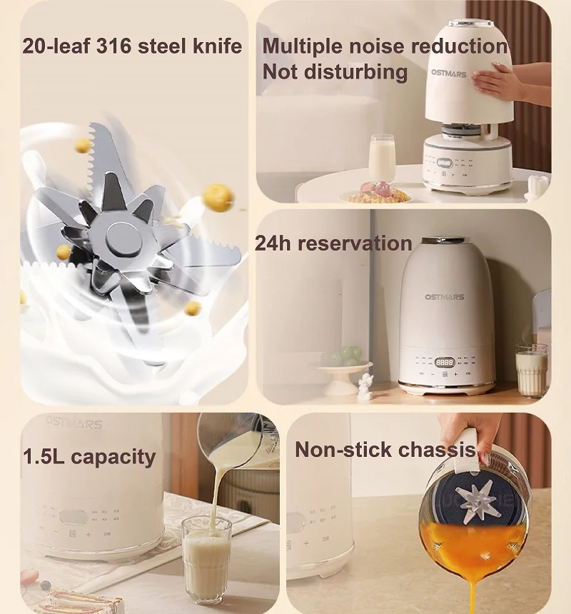 1500ml Cobblestone Silent Soy Milk Machine Electric Juicer 20-blade Knife Food Process Machine Multifunctional Breaking Machine